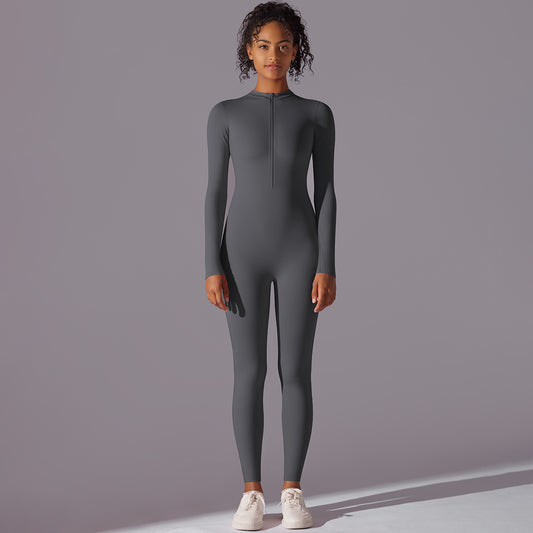 Open Collar Long Sleeve Zippered Bodysuit for Dance and Fitness Tight Fitting Women's Yoga Outfit for Comfort and Performance