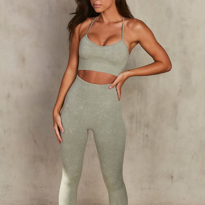 Fall Winter Sand Washed Seamless Knitted Yoga Set for Women Back Crisscross Sports Bra with Comfortable High Waisted Leggings