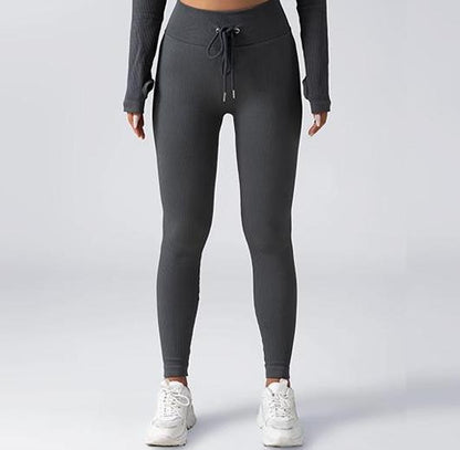 Chic Solid Color Zip Up Long Sleeve Fitness Set with Drawstring High Elastic Slim Fit Yoga Pants for Women for Fashionable Workouts and Daily Wear