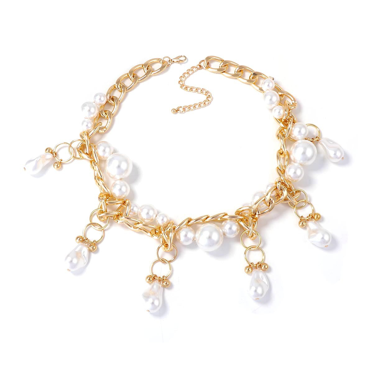 Luxurious Baroque-Inspired Statement Necklace for Women – Exquisite Faux Pearl and Geometric Woven Design with Bold Chain for a Sophisticated Look