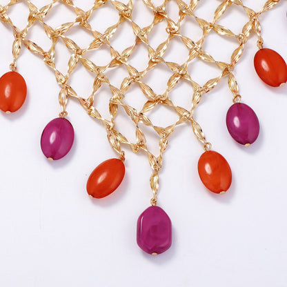 Chic Luxury Beaded Pendant Necklace with Metal Mesh Design – Versatile & Casual Elegance for Every Occasion