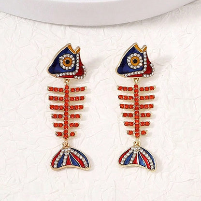 Creative Fish Alloy Rhinestone Women's Earrings - Elegant Metallic Fishbone Drop Earrings - Vintage Statement Jewelry for a Unique Style