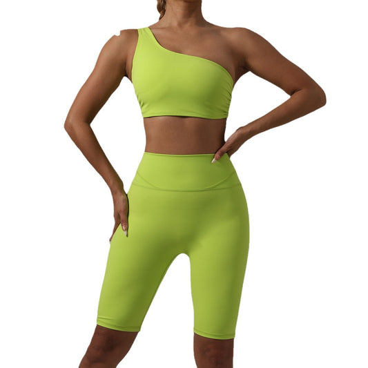 Seamless Sport Set with Asymmetrical Bra No Show Lines and 5 Inch Shorts for Running Yoga and Fitness Workouts