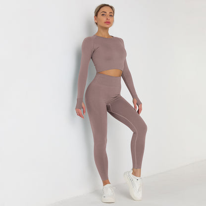 Seamless Solid Color High Waisted Long Sleeve Yoga Set for Women Comfortable and for Fitness Activities