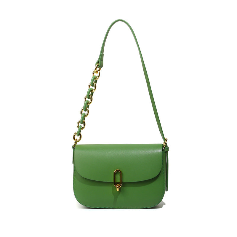 Genuine Leather Saddle Bag Chic and Minimalist Design with Unique Lock Closure Women's Chain Shoulder and Crossbody Bag