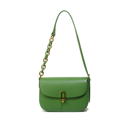 Genuine Leather Saddle Bag Chic and Minimalist Design with Unique Lock Closure Women's Chain Shoulder and Crossbody Bag