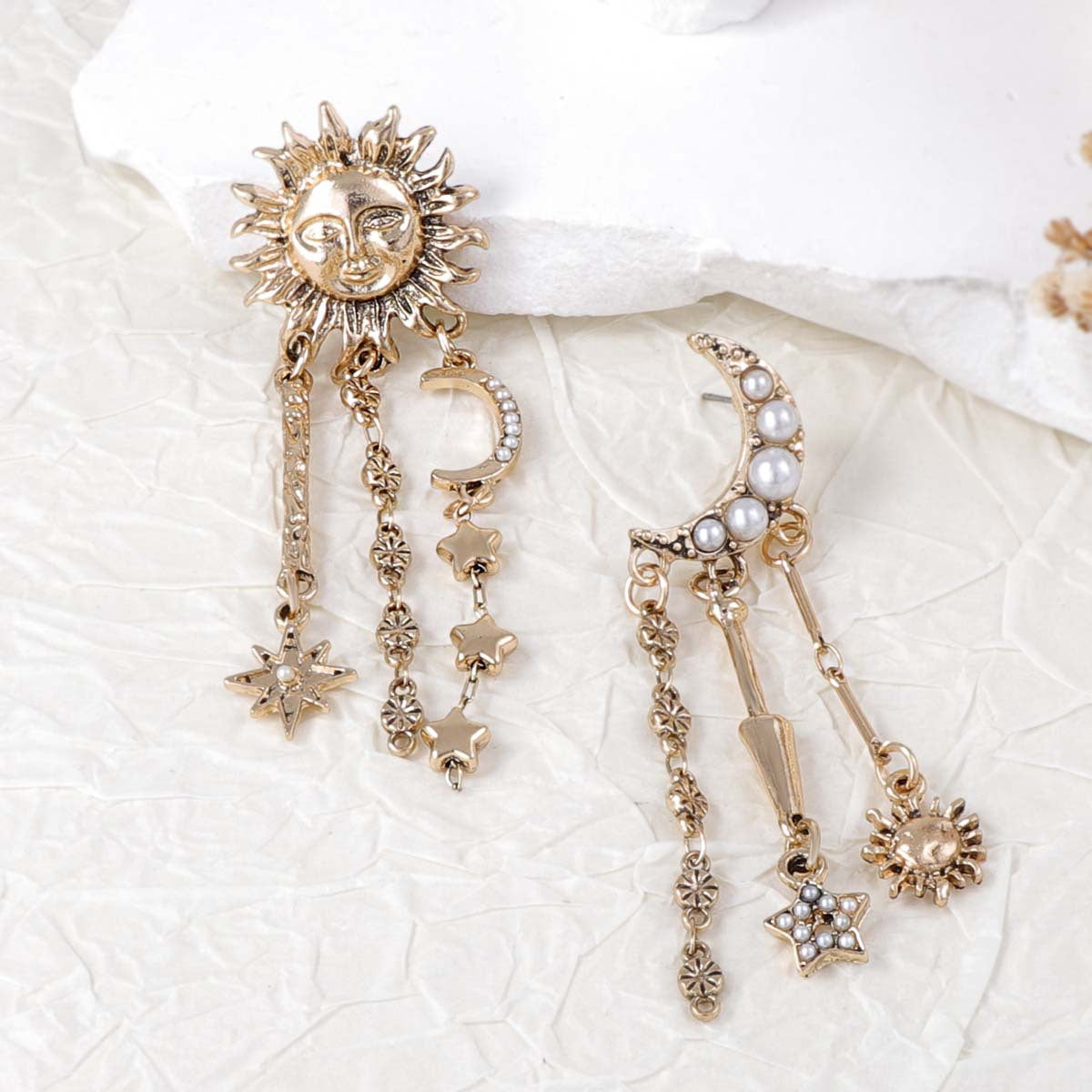 Bold and Unique Sun, Moon, and Star Tassel Earrings | Creative Geometric Universe Planet Jewelry for Women