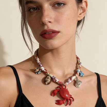 Charming Ocean-Inspired Alloy Drip Oil Crab and Conch Pendant Necklace with Colorful Braided Rope - Perfect for Casual Beach Vacation Style
