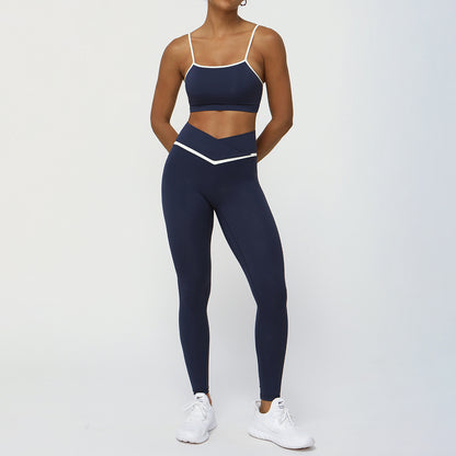 Color Contrast Yoga Set with Sleek Strappy Sports Bra and Cross V Waist Leggings for Fitness Enthusiasts and Active Lifestyles