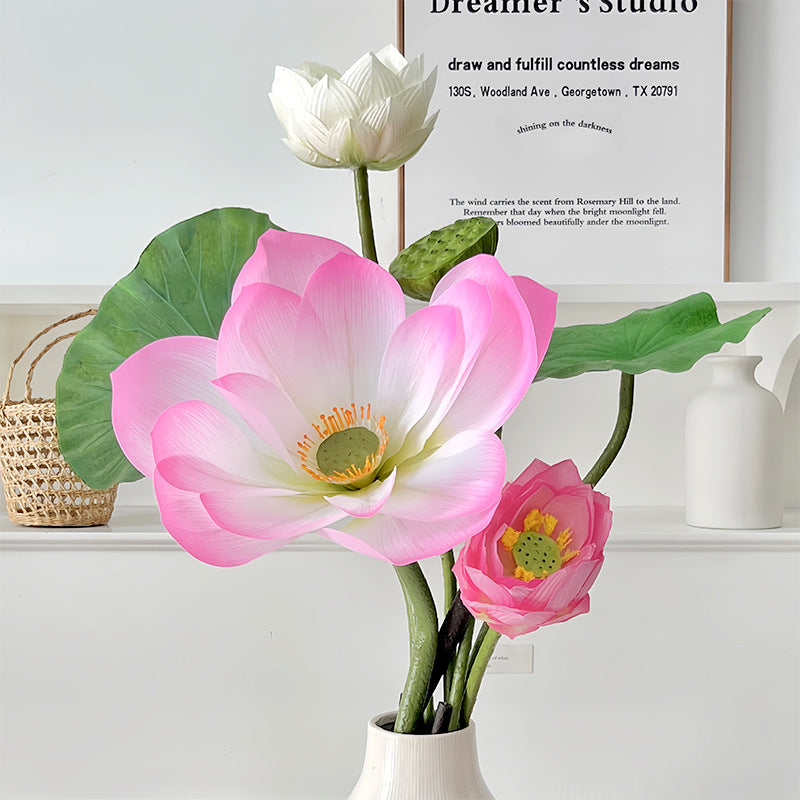 Realistic Pink Lotus Flower Arrangement with Lotus Leaves and Pods - Perfect Faux Floral Decor for Living Rooms, Photography Props, and Home Accents