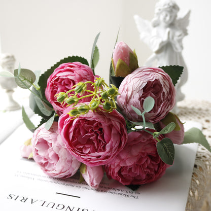 Stunning 5-Head Mini Peony & Persian Rose Bouquet – Realistic Home Decor & Wedding Flowers for Lasting Beauty