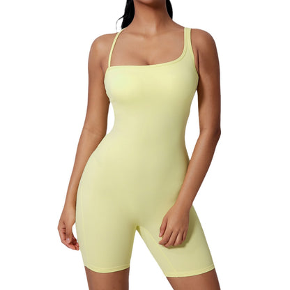 Asymmetric Back Yoga Bodysuit with Butt Lifting Features Hollow Out Dance and Workout One Piece Shorts