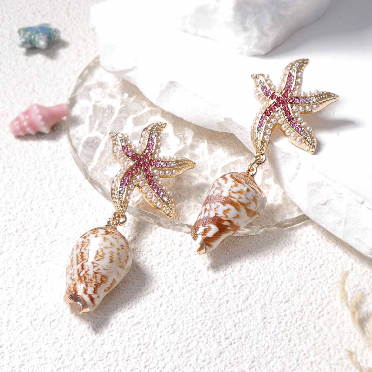 Charming Innovative Design: Zirconia-Embellished Alloy Starfish and Unique Seashell Earrings for Ocean-Themed Leisure and Vacation Style