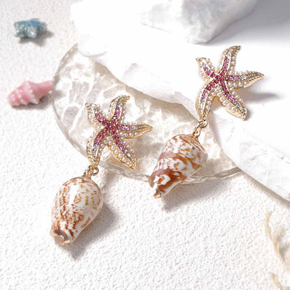 Charming Innovative Design: Zirconia-Embellished Alloy Starfish and Unique Seashell Earrings for Ocean-Themed Leisure and Vacation Style