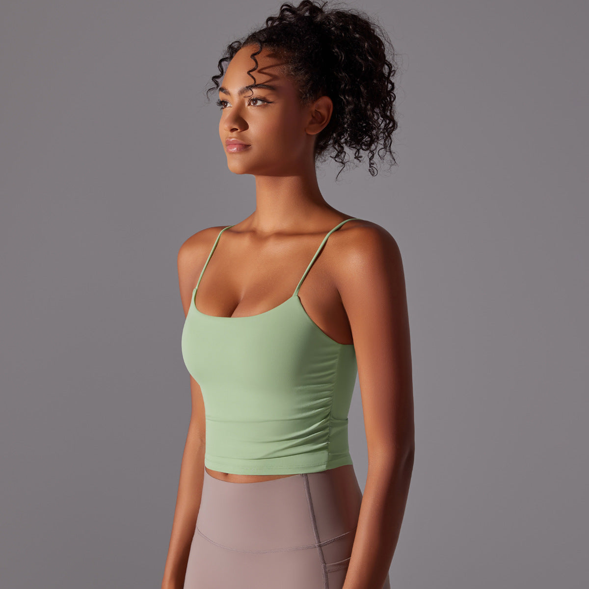 Chic Solid Color Pleated Back Sports Bra with Thin Straps for Yoga Running Fitness Workouts