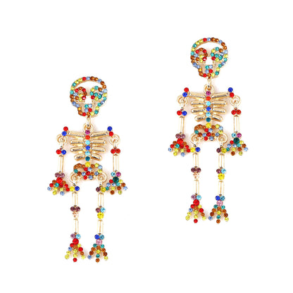 Creative and Bold Skeleton Skull Earrings with Alloy, Gemstone Inlay, and Pearl Detail – Unique, Quirky Accessory for Expressive Style