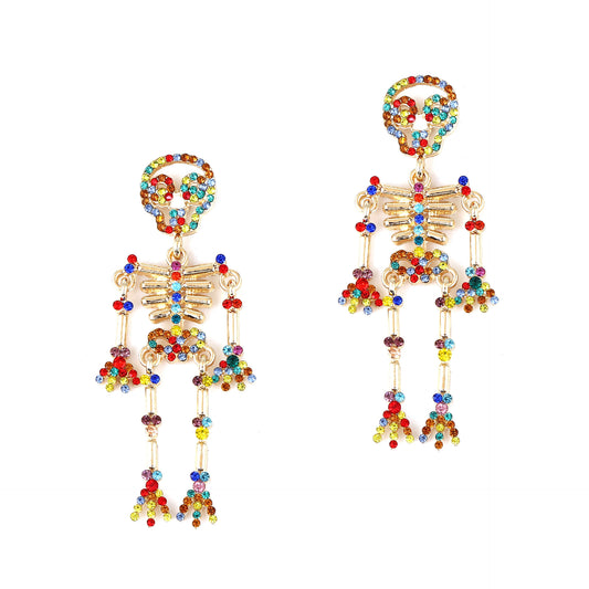 Creative and Bold Skeleton Skull Earrings with Alloy, Gemstone Inlay, and Pearl Detail – Unique, Quirky Accessory for Expressive Style