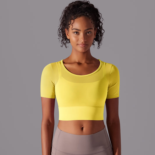 Classic Layered Mesh Sports Bra with Double Sleeves for Running Fitness and Yoga