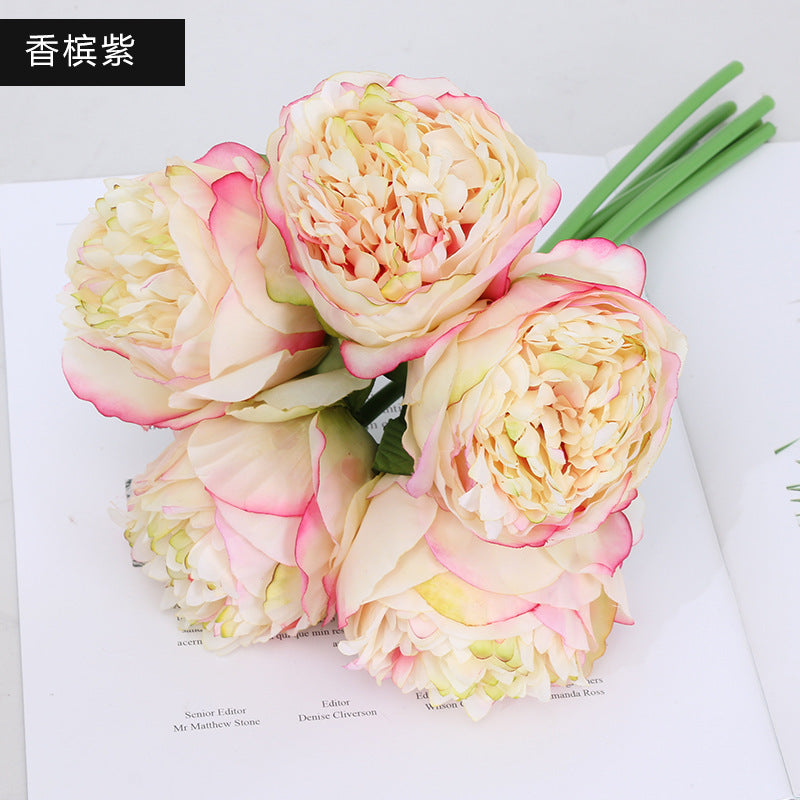 Elegant European Style Fake Peony Bouquet - 5-Head Artificial Flowers for Home Decor and Wedding Decorations, Stunning Faux Green Plants for Timeless Arrangements