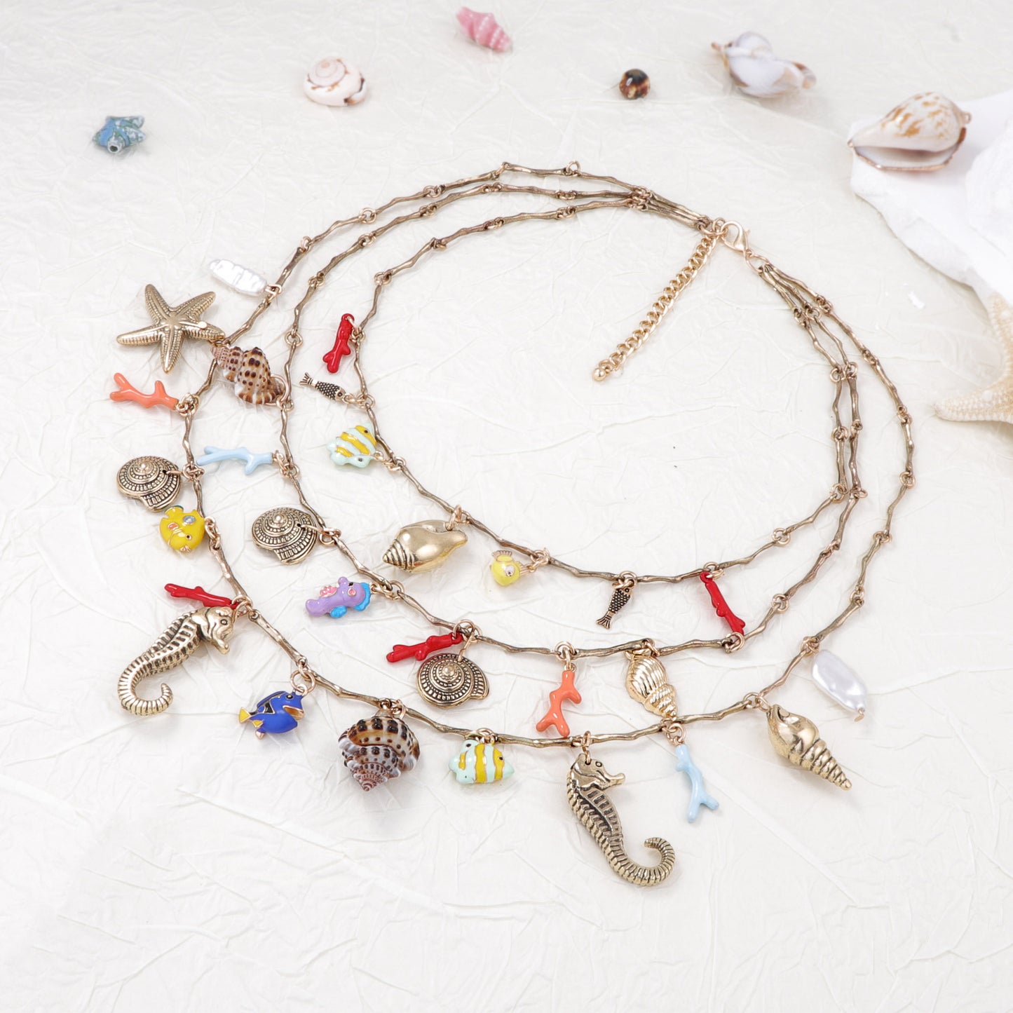 Chic Ocean-Inspired Layered Necklace with Alloy Seahorse, Shell, Starfish Charms & Faux Pearl - Perfect for Casual Vacations