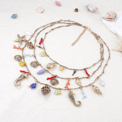 Chic Ocean-Inspired Layered Necklace with Alloy Seahorse, Shell, Starfish Charms & Faux Pearl - Perfect for Casual Vacations