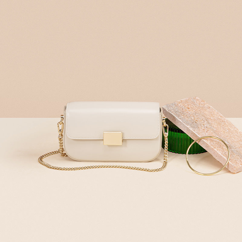 Chic Korean Inspired Unique Tofu Shaped Crossbody Bag Genuine Leather Women's Shoulder Bag with Versatile Chain Strap and Mini Square Design