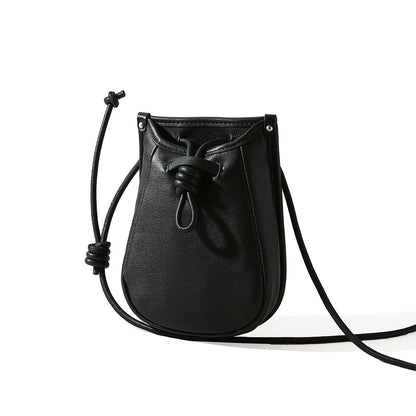 Genuine Leather Shoulder Bag for Women Large Capacity Drawstring Design Crossbody Phone Bag