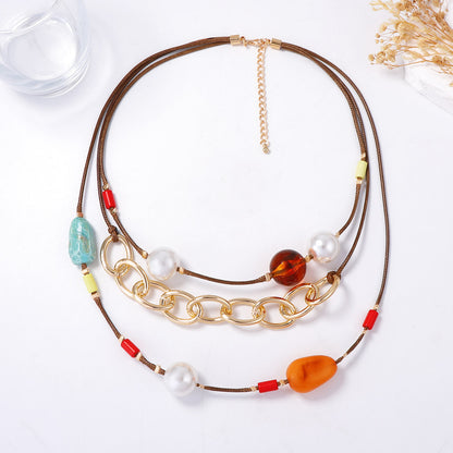 Stylish Layered Geometric Pearl and Resin Necklace with CCB and Leather String for Women - Perfect for Everyday Wear and Special Occasions