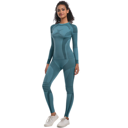 Seamless Knit High Elastic Long Ski Suit Set for Women for Running Fitness and Yoga 2 Piece Activewear Outfit