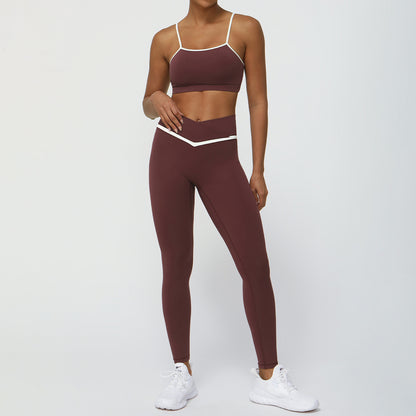 Color Contrast Yoga Set with Sleek Strappy Sports Bra and Cross V Waist Leggings for Fitness Enthusiasts and Active Lifestyles