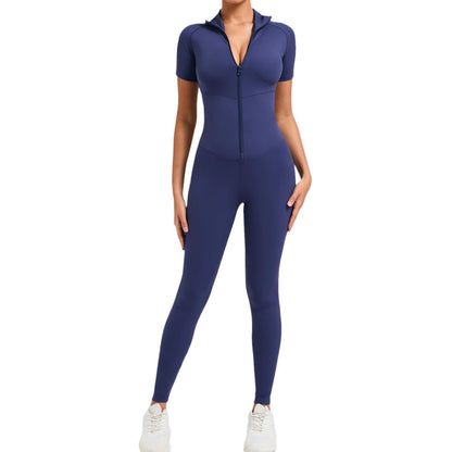 High Compression Zippered Short Sleeve Yoga Jumpsuit for Women Sculpting Bodysuit for Outdoor Fitness Active Wear Model 50320