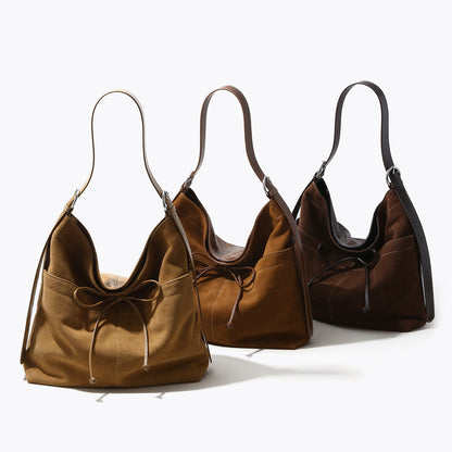 Elegant High Gloss Sanded Leather Bowknot Underarm Bag Spacious Genuine Leather Shoulder Bag for Women