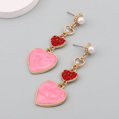 Stylish Creative Heart-Shaped Oil Drop Earrings with Colorful Rhinestones and Pearl Drops - Unique Alloy Design for Trendy Fashion Lovers
