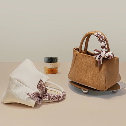 Leather Handbag with Silk Scarf Accessory and Versatile Women s Tote Bag with Genuine Silk Strap for Fashionable Casual Looks