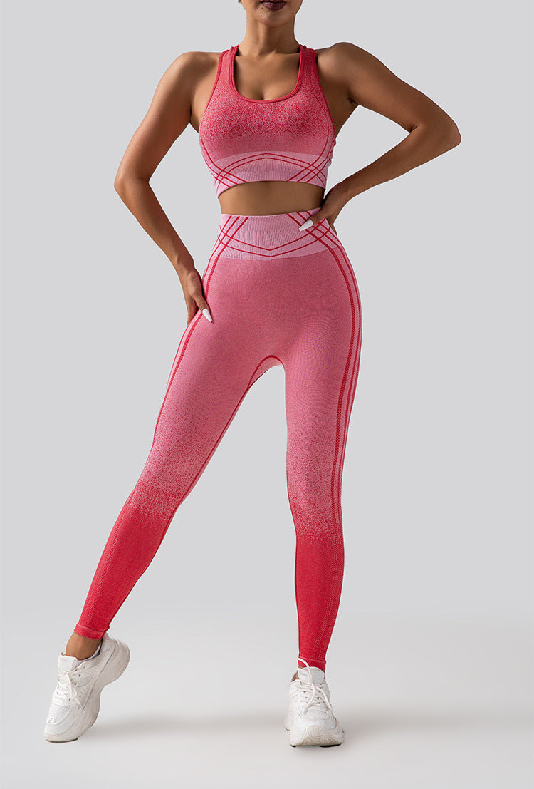 Gradient Yoga Outfit Set High Waisted Butt Lifting Leggings with Shockproof Sports Bra for Running and Fitness