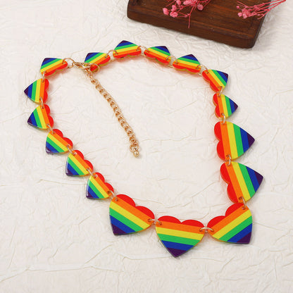 Chic Minimalist Acrylic Rainbow Heart Patchwork Necklace - Unique Collarbone Chain Jewelry for Women