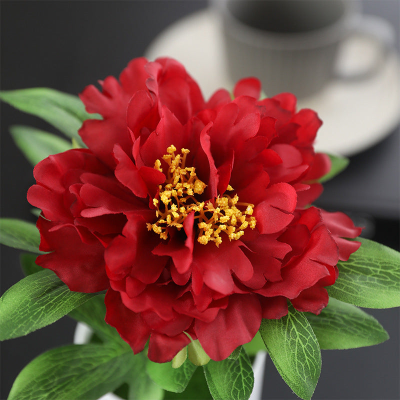 Elegant Artificial Peony with Leaves - Single-Headed Realistic Silk Peony Plant for Outdoor Wedding Décor and Event Crafting