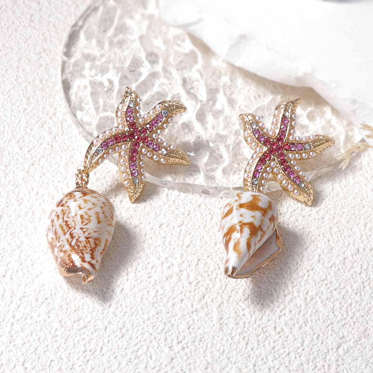 Charming Innovative Design: Zirconia-Embellished Alloy Starfish and Unique Seashell Earrings for Ocean-Themed Leisure and Vacation Style
