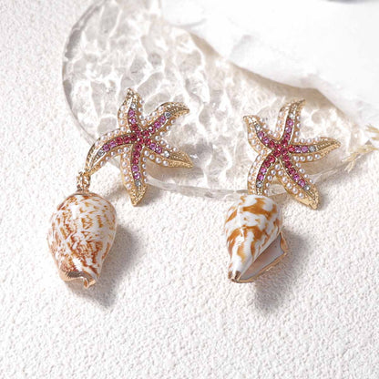 Charming Innovative Design: Zirconia-Embellished Alloy Starfish and Unique Seashell Earrings for Ocean-Themed Leisure and Vacation Style