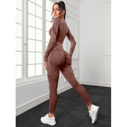 Seamless Water Washable Hollow Out Textured Two Piece Yoga Set for Women Long Sleeve Top with High Waisted Butt Lifting Leggings for Comfort and Style