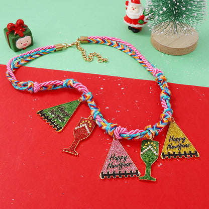 Handcrafted Minimalist Alloy Christmas Tree Wine Glass Pendant Necklace for Women – Perfect Festive Gift with Colorful Braided Rope Design