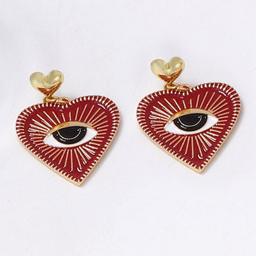 Exaggerated Alloy Dripping Oil Deep Red Heart Shaped Evil Eye Earrings for Women with Unique Textured Design – Perfect for Halloween and Beyond