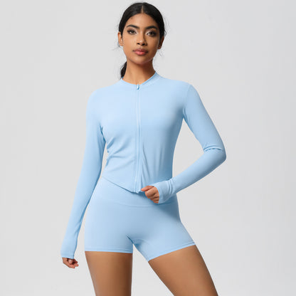 Soft Brushed Zip Up Jacket and High Waisted Short Yoga Set for Outdoor Sports and Fitness Training