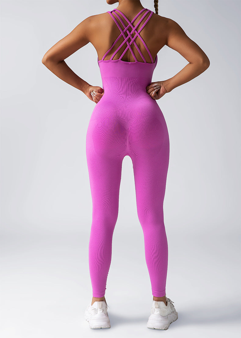 Seamless Lifting Yoga Jumpsuit with Built in Chest Padding and Ribbed Design Women's Fitness Outfit for Enhanced Support and Comfort