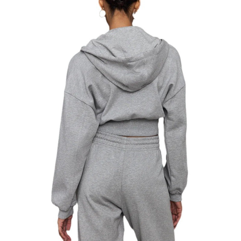 Cozy Fall Winter Short Zip Up Hooded Sweatshirt and Loose Fit Drawstring Cuffed Jogger Pants Set for Athleisure and Casual Wear