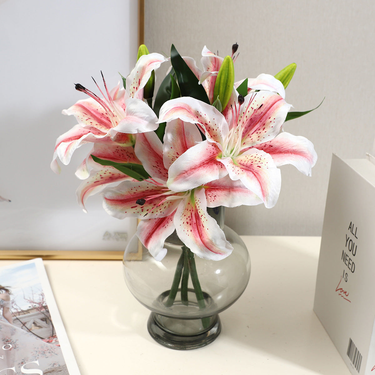 Stunning 3-Head Artificial Lily Flower Bouquet - Perfect Home Decor for Living Rooms, Dining Tables, and Outdoor Displays