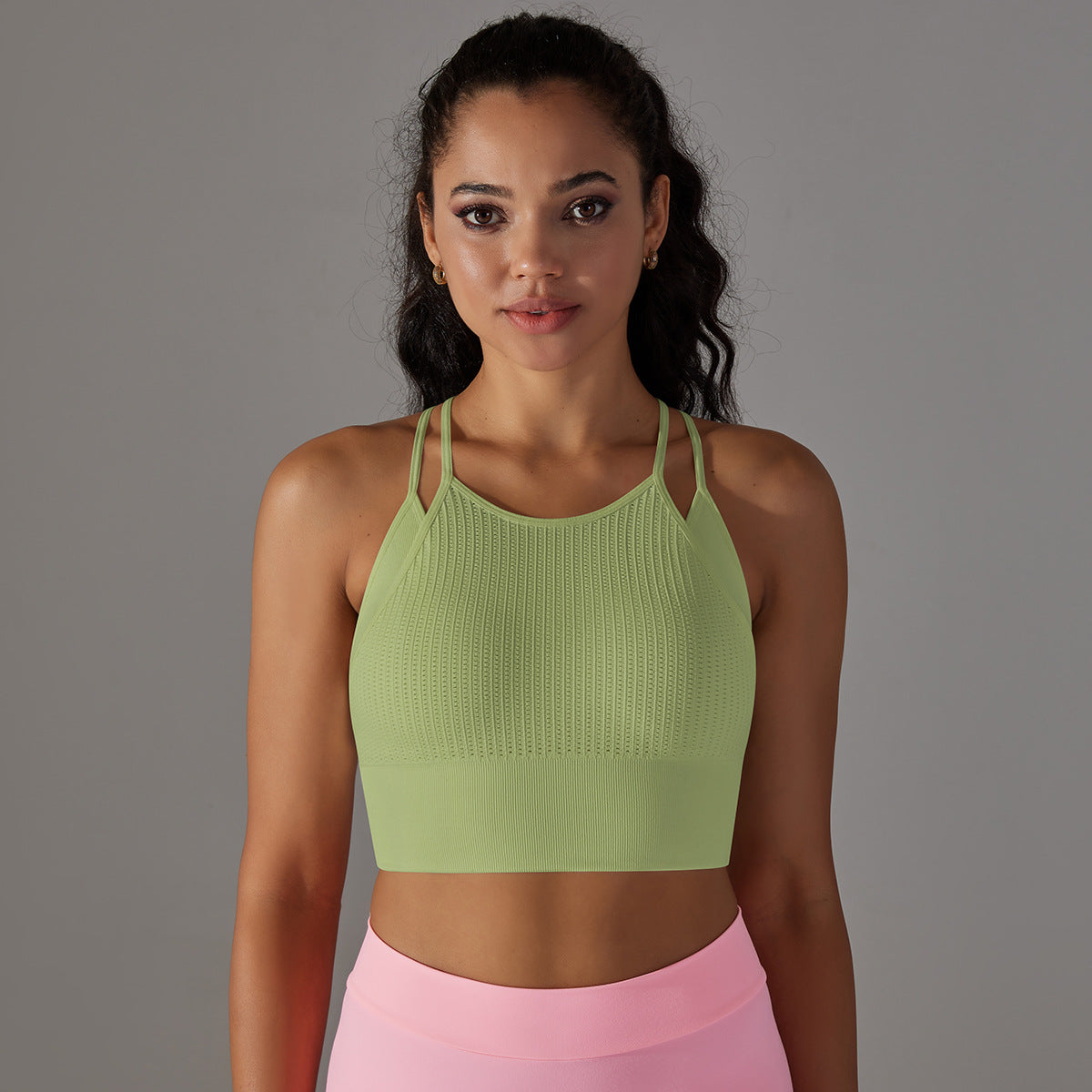 Seamless Knit Double Strap Beautiful Back Sports Bra for Women Breathable Lightweight and Yoga Top with Ribbed Design