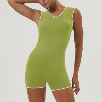 Colorblock Backless Yoga Bodysuit with V Shaped Butt Lift Design Comfortable Sports Fitness Outfit with Built In Chest Pads