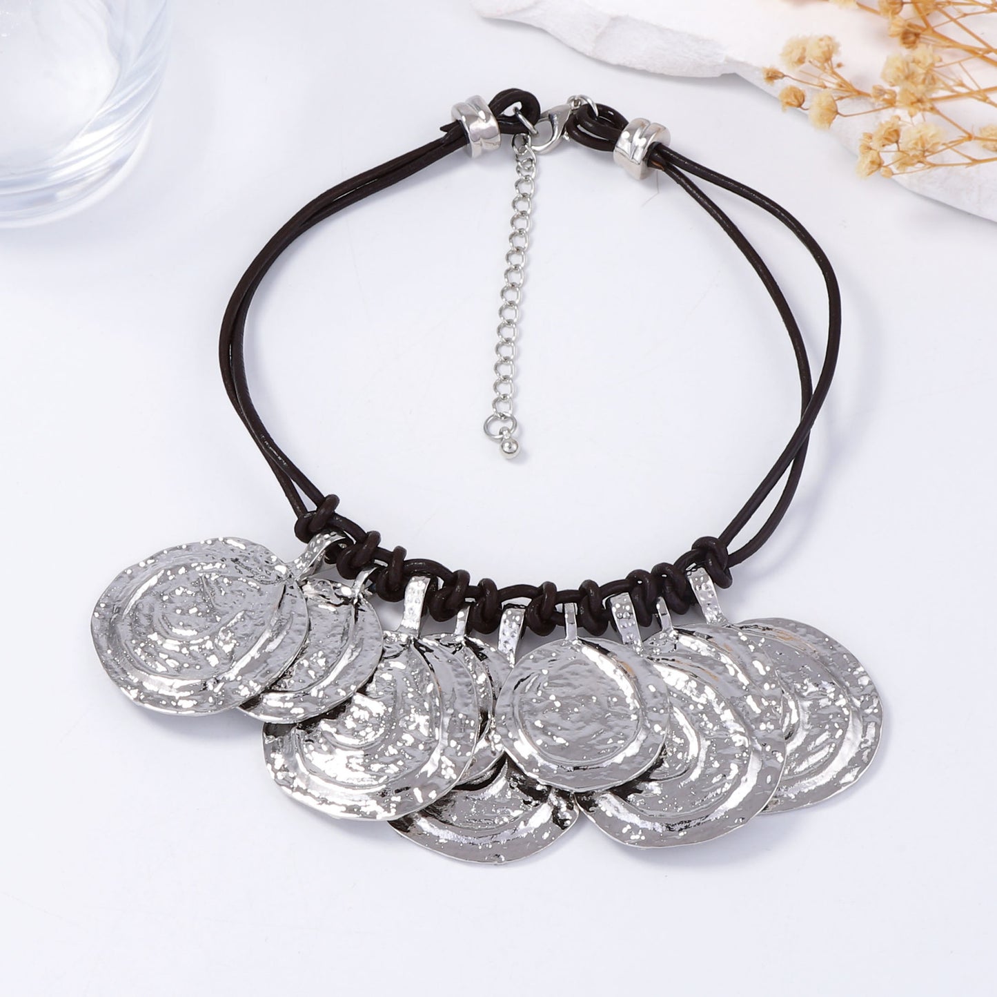 Chic Vintage-Style Layered Coin Necklace with Pleated Alloy and Leather Rope - Perfect for Casual Everyday Wear