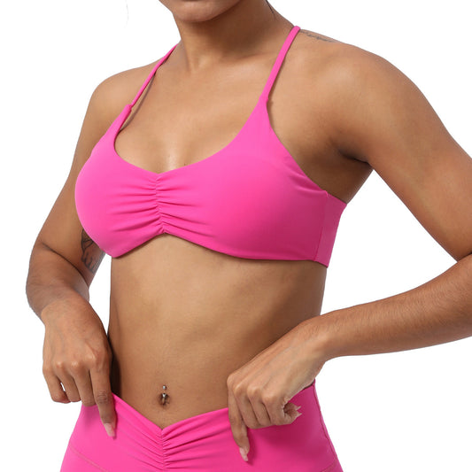 Y Back Sports Bra with Delicate Straps and Ruching for Indoor Training Yoga and Fitness Workouts